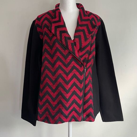 Chico’s Black & Red Chevron Moto Style Jacket Women’s Size Large (Chico’s 2) - Picture 1 of 11